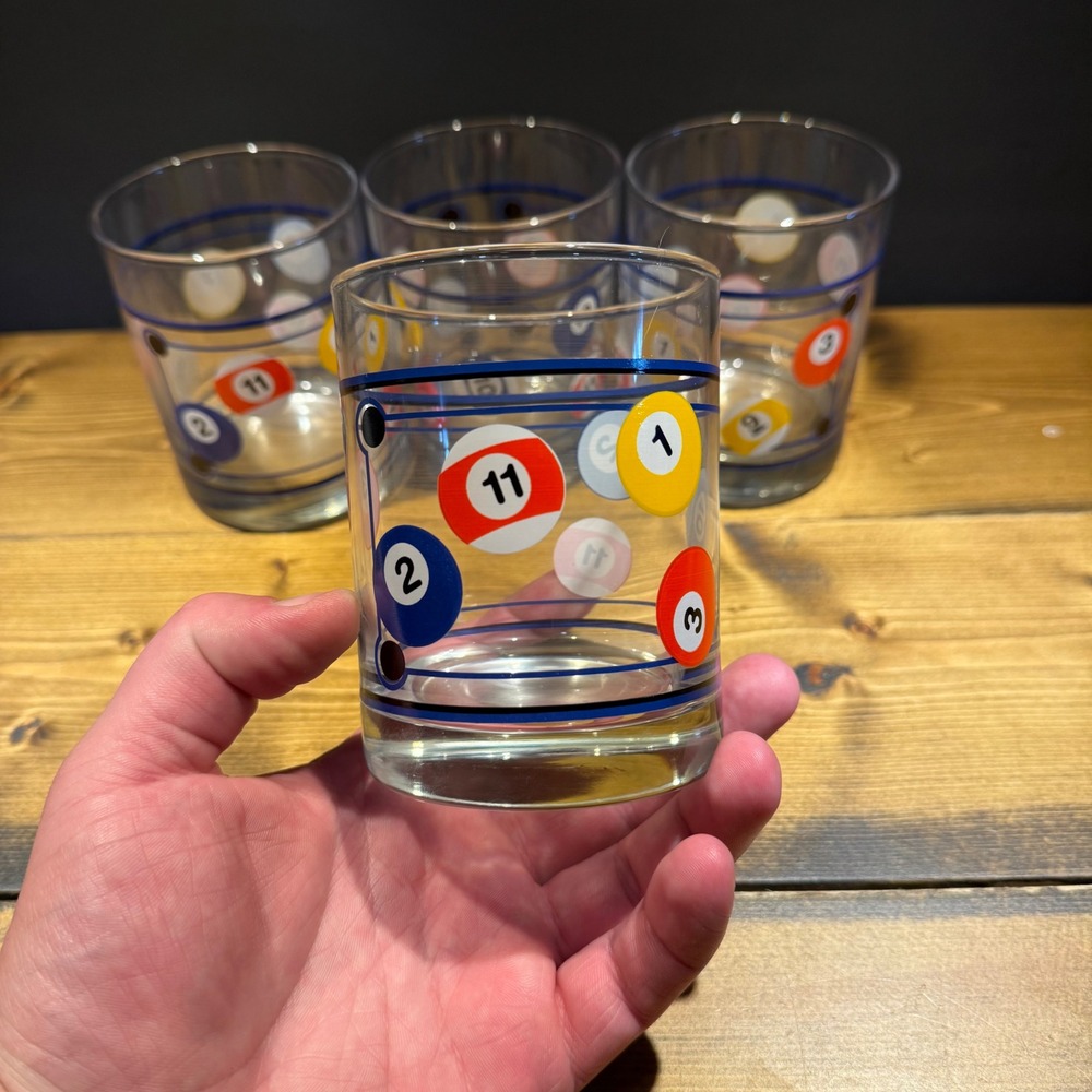 Vintage Libbey Pool Ball Billiard Rocks Glasses Set of 4 1970s Barware Tumblers